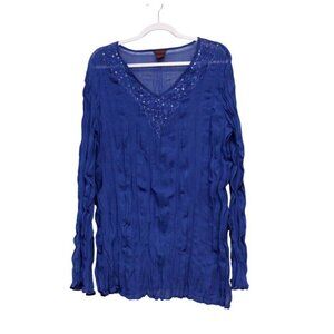 Vintage Y2K Blouse Size Large Sheer Blue Mesh Festival Fairy Embroidered Sequin